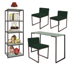 Imagem de Kit Escritório Ravi 3 Cadeiras Suede Verde com 1 Mesa e 1 Livreiro Ferro Marrom MDF Verde Oliva - Ahazzo Móveis