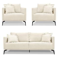 Imagem de Kit 2 Poltronas E Sofá Living 2 Lugares 1,60M Sirius Linho Natural Pés