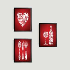 Imagem de Kit 3 Quadros Cozinhando Com Vinho 45x34cm