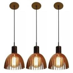 Imagem de Kit 3 Pendente Madeira Taça 24x21cm Natural Bivolt