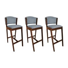 Imagem de Kit 3 Banquetas Alta De Madeira Maciça Natural Premium Ana Com Encosto Linho Cinza