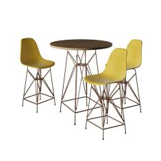 Imagem de Jogo Mesa Bistrô Eames Tampo Amêndoa 60Cm 3 Banquetas Amarela Base Ferro Cobre - Cor: Amendoa