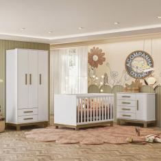 Imagem de Quarto de Bebê Qencanto Slim Completo Qmovi Branco Acetinado + Colchão