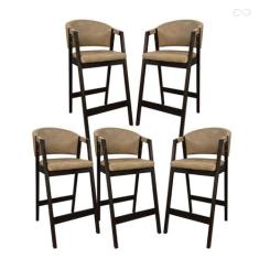 Imagem de Kit 5 Banquetas Alta com Encosto Ravena Madeira Maciça Maciça Capuccino Sintético Bege CCS