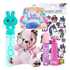 Imagem de Kit De Maquiagem Infantil Batom Brilho Chaveiro Lança Bolha
