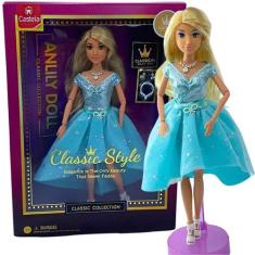 Imagem de Boneca Princesa Fashion Vestido Azul Brilhante Style Acessórios Castel