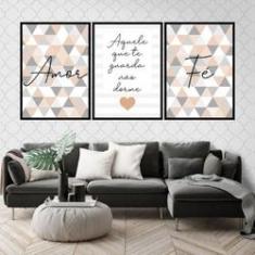 Imagem de Kit 3 Quadros Decorativos Fé Amor Triângulos Marrom 45X34Cm