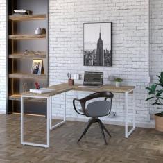 Imagem de Mesa de Escritório em L Estilo Industrial 135x150cm Kuadra Carvalho/Est.Branca