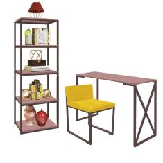 Imagem de Kit Escritório Bex 1 Cadeira Suede Amarelo com 1 Mesa e 1 Livreiro Ferro Marrom MDF Rose Rosa - Ahazzo Móveis