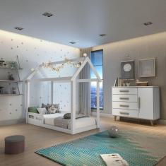 Imagem de Quarto de Bebê Montessoriano Retrô Ludmila Cama Casinha Analu Cômoda Infantil Branco Carolina Baby