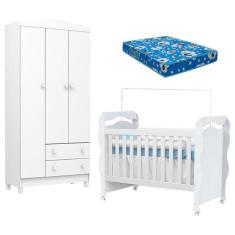 Imagem de Berço Americano New Nanda E Guarda Roupa Infantil Mel Flat 3 Portas Branco Brilho Com Colchão Ortobom - Carolina