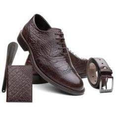 Imagem de Sapato Masculino Couro Croco + Cinto + Carteira + Calçadeira Marrom Escuro