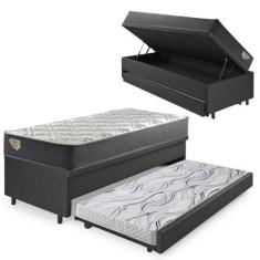Imagem de Bicama Box Baú Viúva 120X203 Material Sintético Linho Preto Com Colchã