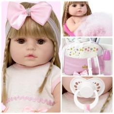 Imagem de Boneca Reborn Loira Menina Recem Nascida + Bolsa 20 Itens - Cegonha Re