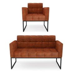 Imagem de Kit 1 Sofá Namoradeira e 1 Poltrona Elisa Corano Base Metálica Industrial Preto - D`Rossi