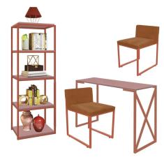 Imagem de Kit Escritório Bex 2 Cadeiras Suede Terracota com 1 Mesa e 1 Livreiro Ferro Bronze MDF Rose Rosa - Ahazzo Móveis