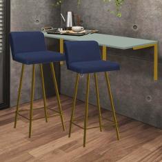 Imagem de Kit Mesa Suspensa de Parede Fixa MDF Verde Oliva + 2 Banquetas Lexi Ferro Dourado Corino Azul Marinho - Ahazzo Móveis