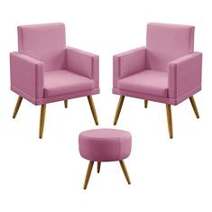 Imagem de Kit 2 Poltronas Decorativas Estofada Nina e Puff Solar Com Rodapé Sued Rosê Aradecor