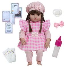 Imagem de Bebê Reborn Menina Cabelo Castanho Conjunto Xadrez Rosa - Cegonha Rebo