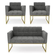 Imagem de Kit 1 Sofá Namoradeira E 2 Poltronas Elisa Linho Grafite A26 Base Metá