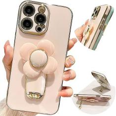 Imagem de Pretaco Capa para iPhone 14 Pro Max com suporte, [suporte oculto para telefone] [Linda flor Relif Rotativa de 360°] [Linha de borda dourada de luxo] Capa de telefone macia e fina para meninas e