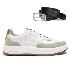 Imagem de Tênis De Couro Democrata Masculino Denim Drake Pulse 600101 + Cinto Dupla Face