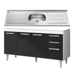 Imagem de Balcão Gabinete Pia Inox 150cm Lisboa 4 Portas Branco/Preto - Lumil Mó