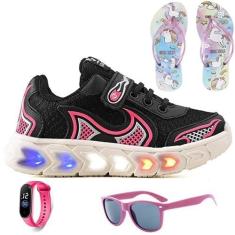 Imagem de Tenis Infantil De Led Casual Jogger Meninas Escolar Basico + Chinelo Oculos Relogio