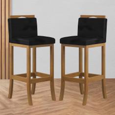Imagem de Kit 2 Banquetas Alta Encosto Estofado 38x102 Cm Turim Madeira Maciça Amêndoa Suede Preto ccs