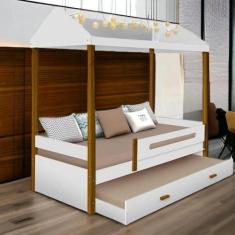 Imagem de Cama Casa Solt. Lara Branco/Mel C/ Led, Aux. E 02 Colchões - Movelaria