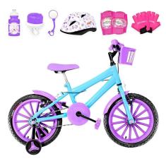 Imagem de Bicicleta Infantil Aro 16 + Kit Proteção Azul Claro e Lilás