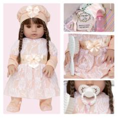 Imagem de Bebe Reborn Menina Roupa Salmão Cabelos Castanhos Npk Doll