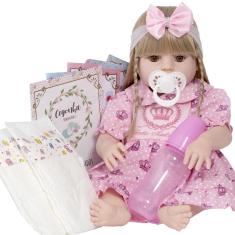 Imagem de Boneca Bebe Reborn Menina Loira Fofa Silicone 52cm Com Itens