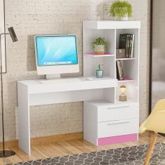 Imagem de Mesa Para Computador Escrivaninha Home Office Estudos 2 Gavetas Escritório Quarto Branco e Rosa Flex
