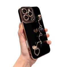 Imagem de VANIPUFF Capa de telefone compatível com iPhone 16 Pro de 6,3 polegadas 5g, pulseira de coração de luxo banhada a pulseira fofa capa de corações de amor com corrente de mão para mulheres proteção de