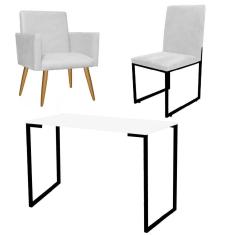 Imagem de Kit Escritório Stan Poltrona com Cadeira e Mesa Industrial Tampo Branco Preto Corino Branco - Ahz Móveis
