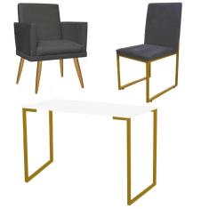 Imagem de Kit Escritório Stan Poltrona Rodapé com Cadeira e Mesa Industrial Branco Dourado Suede Cinza - Ahz Móveis