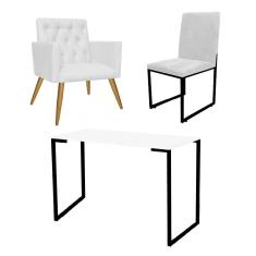 Imagem de Kit Escritório Stan Poltrona Capitonê com Cadeira e Mesa Industrial Branco Preto Tecido Sintético Branco - Ahz Móveis