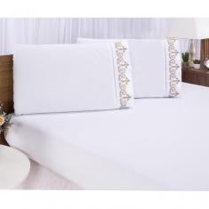 Imagem de Jogo Lençol Queen Quarto Casal Bordado 3 Peças Branco Caqui