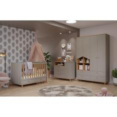Imagem de Quarto de Bebe Completo com Cômoda Guarda Roupa com Nichos e Berço 100% MDF Cinza/Marrom