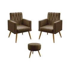 Imagem de Kit 2 Poltronas Decorativas Vega Com Rodapé Botões em Capitonê Com Puff Solar Para Sala de Estar Sued Capuccino Aradecor