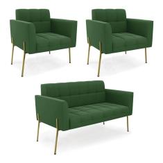 Imagem de Sofá Namoradeira E 2 Poltronas Pé De Ferro Dourado Elisa Suede D03 - D'rossi Cor Verde