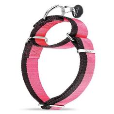 Imagem de Dazzber Coleira Martingale de 3,8 cm de largura 1200D coleira de nylon extra forte, coleira resistente sem puxão com listras de 2 cores para cães médios a extragrandes (Médio, 3,8 cm de largura, rosa