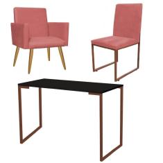 Imagem de Kit Escritório Stan Poltrona com Cadeira e Mesa Industrial Tampo Preto Bronze Suede Rose Gold - Ahz Móveis