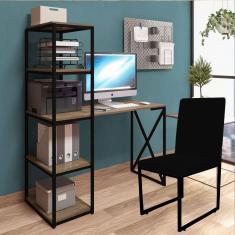 Imagem de Kit Escritório Mesa Max BeX 5 Prateleiras e Cadeira Stan Preto Tampo Carvalho Sintético Preto - Ahz Móveis
