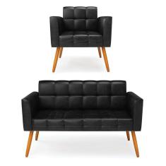 Imagem de Kit 1 Sofá Namoradeira E 1 Poltrona Elisa Corano Pés Palito Castanho - D`rossi Cor Preto