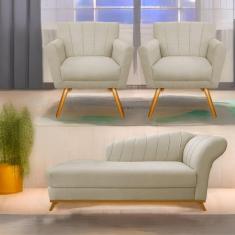 Imagem de Kit Diva Recamier Vanessa 140Cm Lado Esquerdo E 02 Poltronas Laura Linho Cor Bege