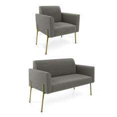 Imagem de Sofá Namoradeira E Poltrona Pé De Ferro Dourado Marisa Suede D03 Grafite