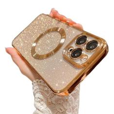 Imagem de aowner Capa magnética para iPhone 16 Pro Max com glitter, revestimento de luxo fofo com protetor de lente de câmera, compatível com MagSafe, fina para mulheres e meninas, capa protetora transparente