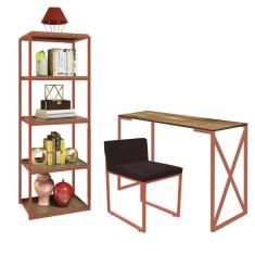 Imagem de Kit Escritório Bex 1 Cadeira Sintético Marrom com 1 Mesa e 1 Livreiro Ferro Bronze MDF Carvalho - Ahazzo Móveis